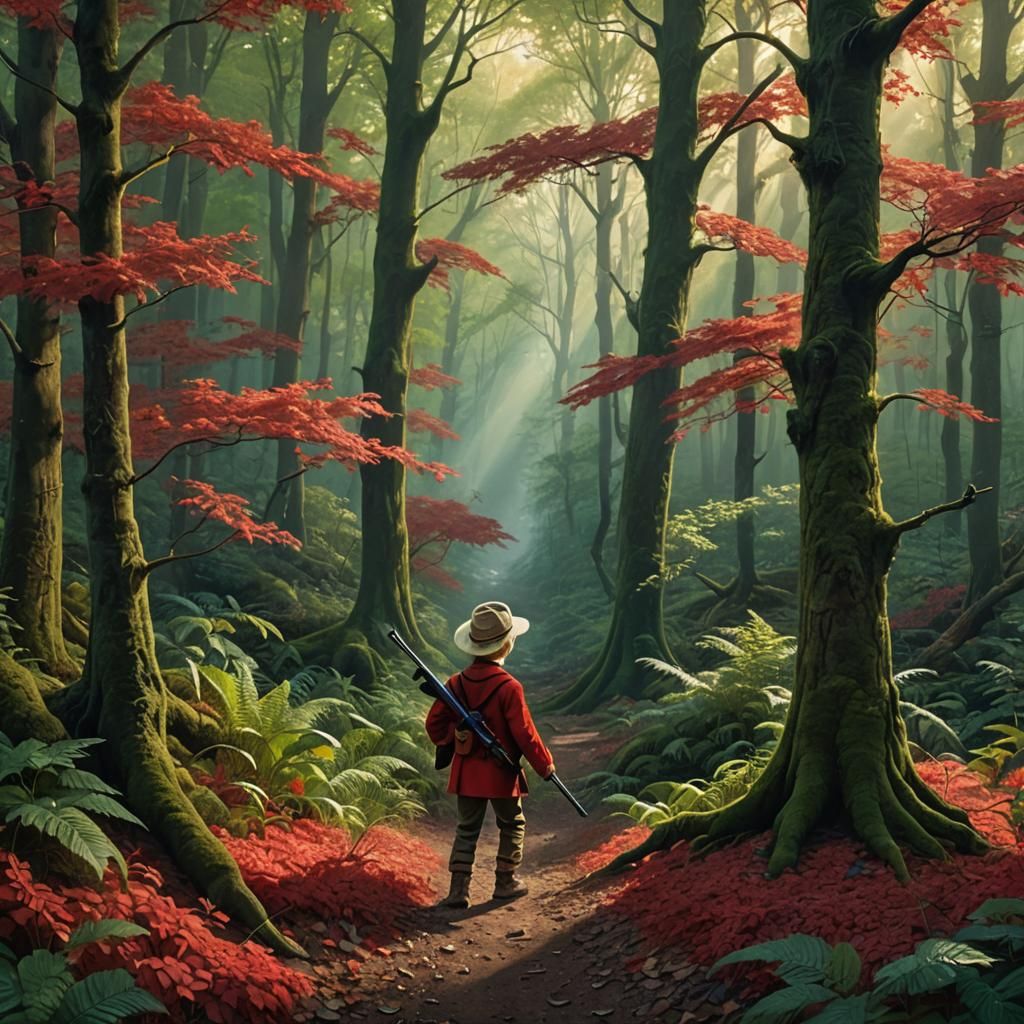Boy with Shotgun: Fairytale Cartoon in Woods