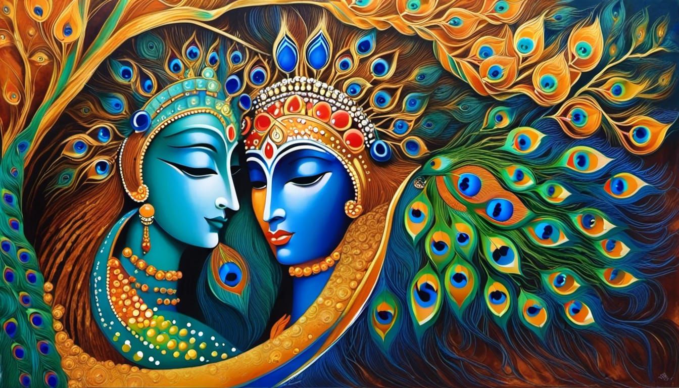 Radha Krishna with Peacock in Abstract Art Style