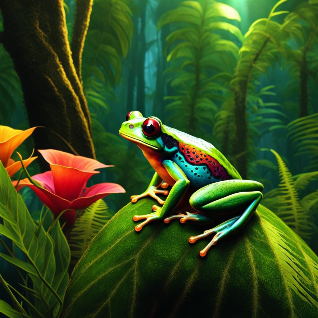 Steampunk Tree Frogs in Jewel-Toned Rainforest