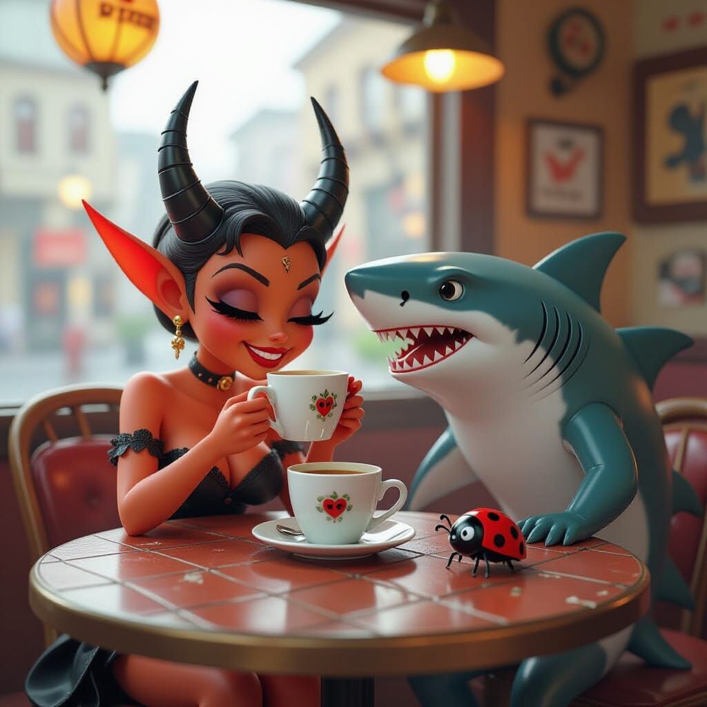 Cartoon Devil Sips Coffee Amidst Whimsical Cafe Scene