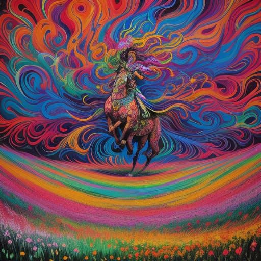 Surreal Psychedelic Oil Painting of a Woman in a Flower Fiel...