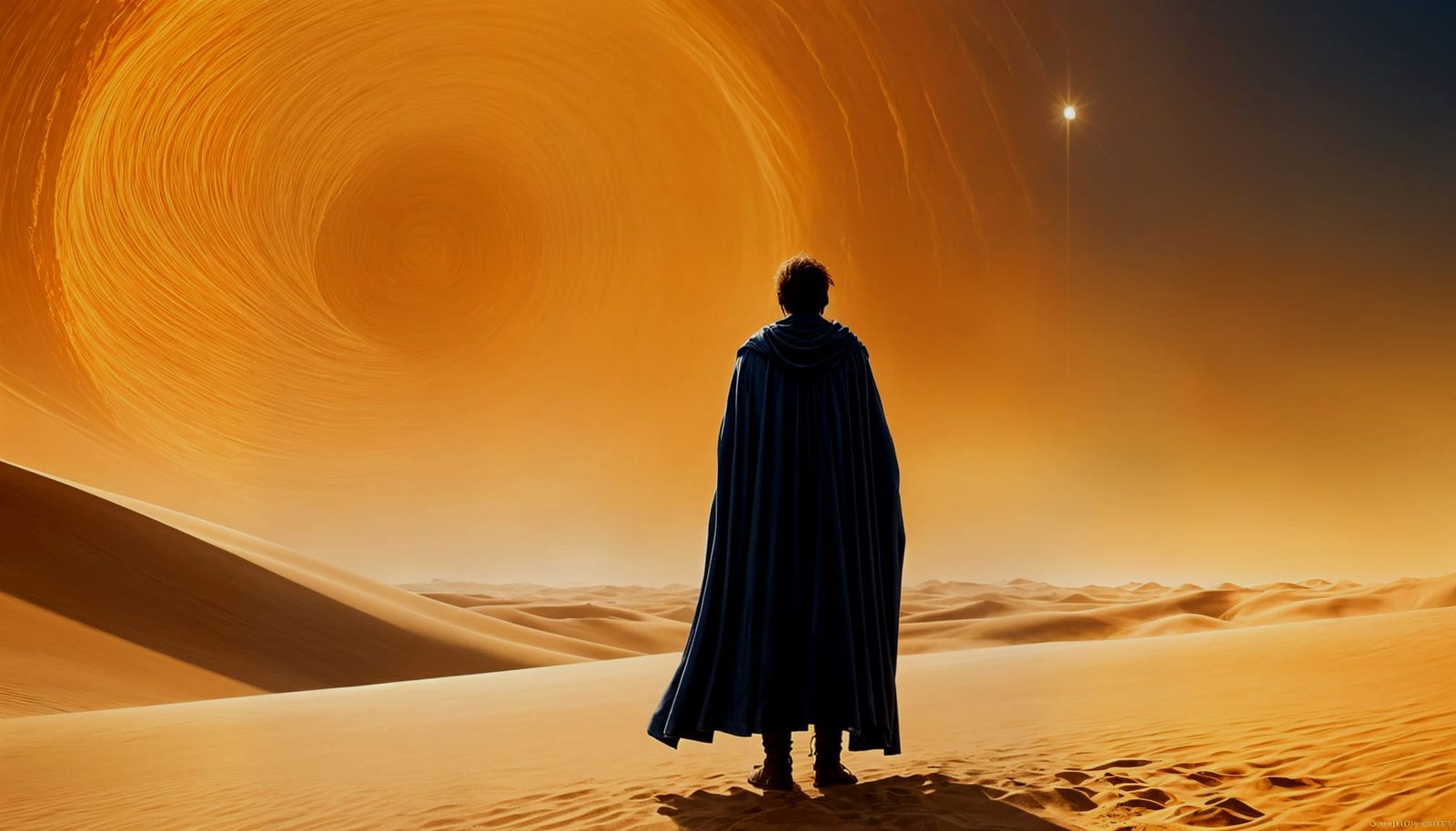 Paul Atreides on Dune Ridge Under Twin Suns