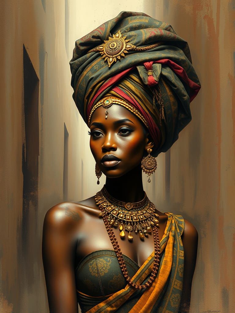 African Goddess in Alley, Basquiat-Style Art