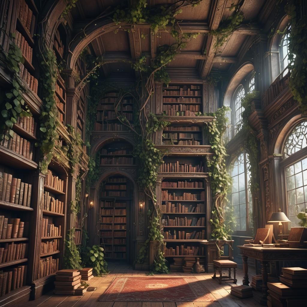 Ancient Library with Vines: Detailed Matte Painting