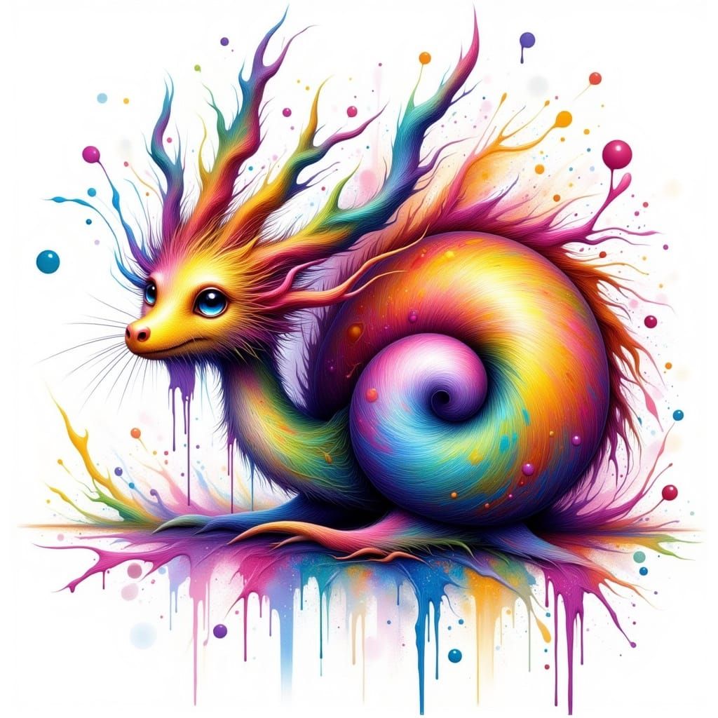 Vibrant Dragon-Snail in Whimsical Splatter Art