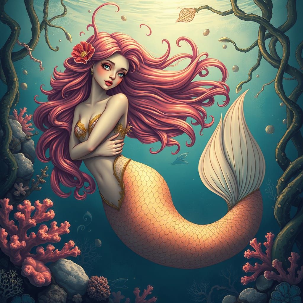 Dreamy Mermaid in Coral Reef, Art Nouveau Style