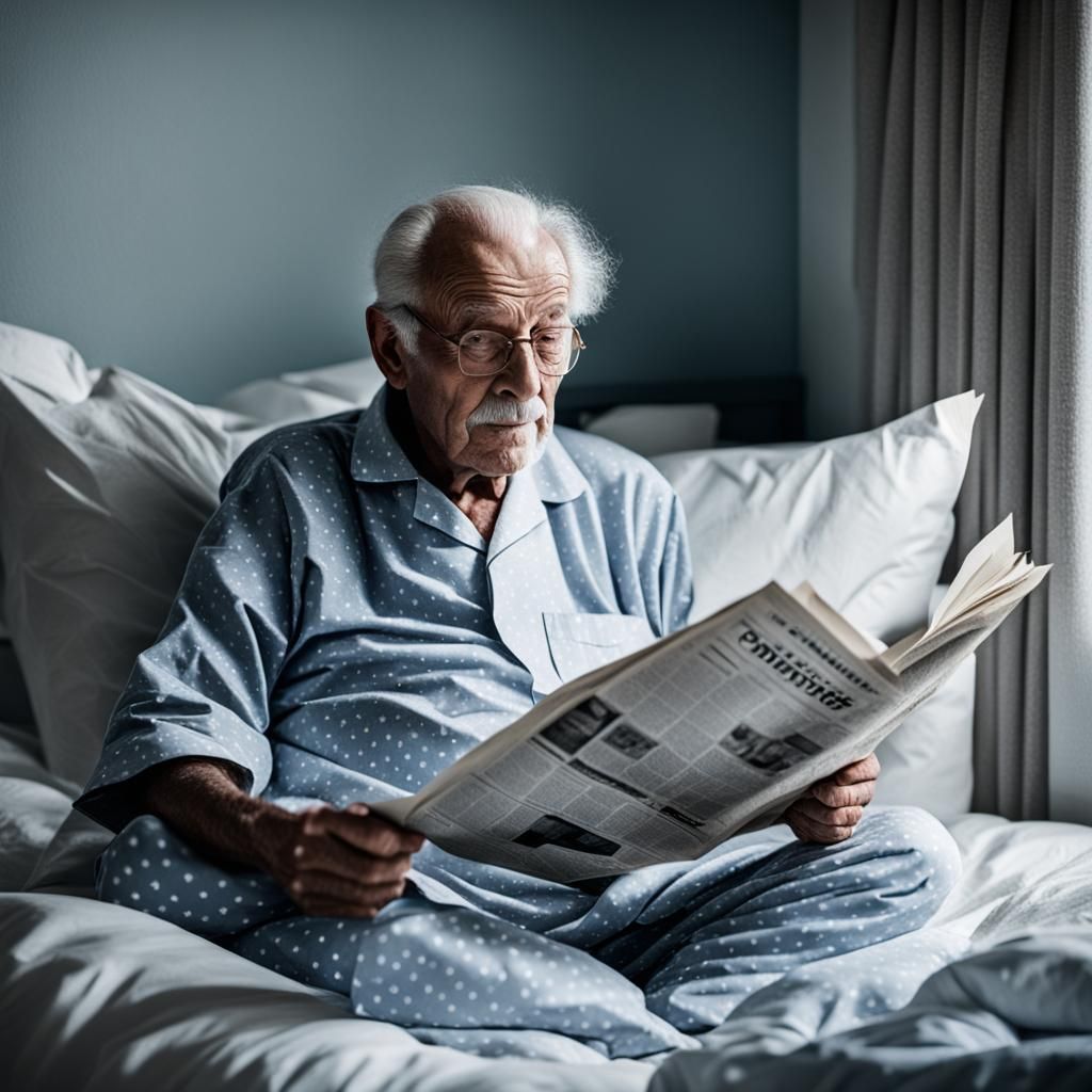 Old Man Reading Newspaper in Bed