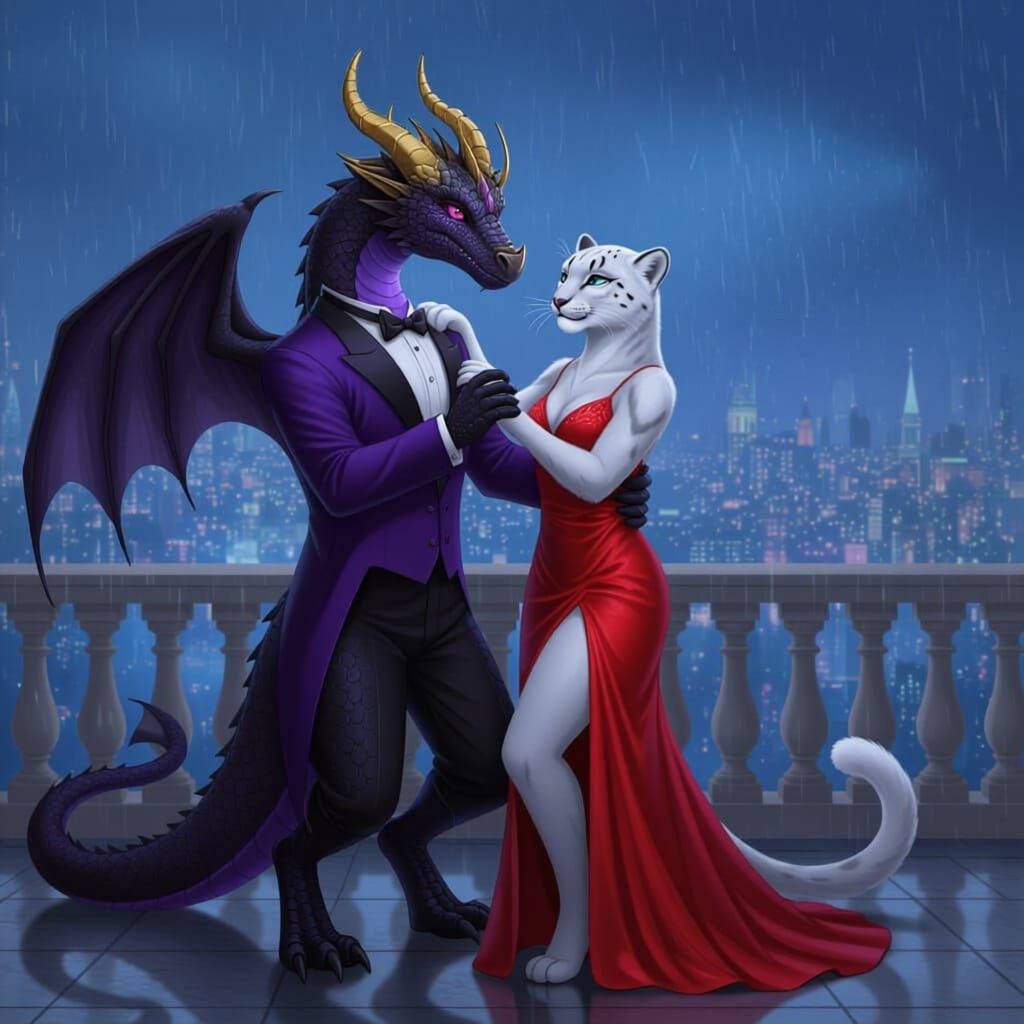 Dragon and Snow Leopard Dance on Balcony in Rain