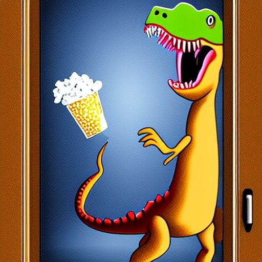 Cartoon Dinosaur Watching TV and Eating Popcorn