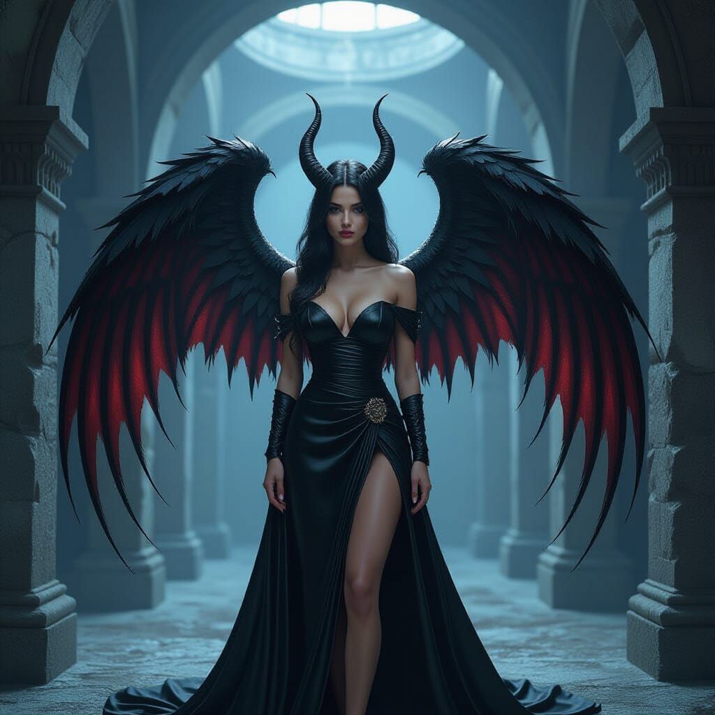 Demonic Half-Angel with Mismatched Wings in Dark Fantasy Sty...