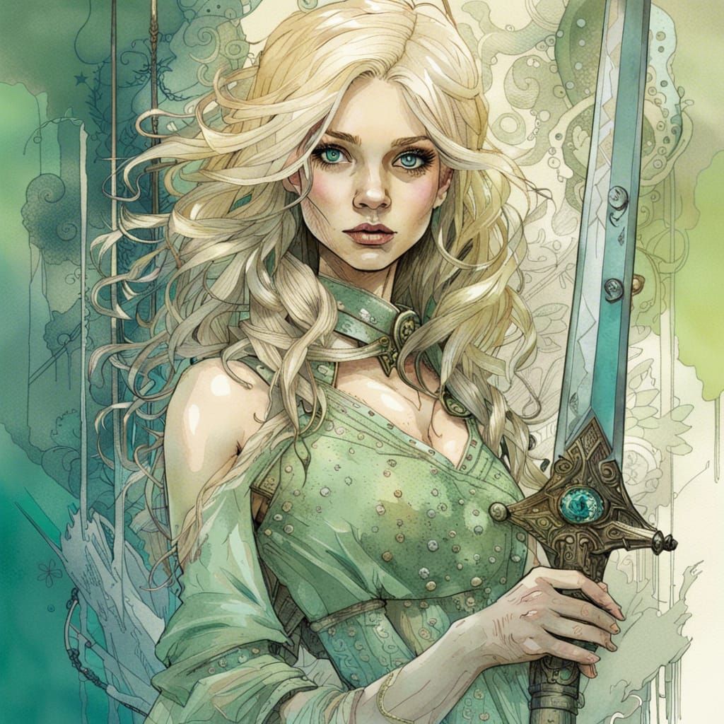 Beautiful Woman Holding Excalibur: Hyperdetailed Illustratio...