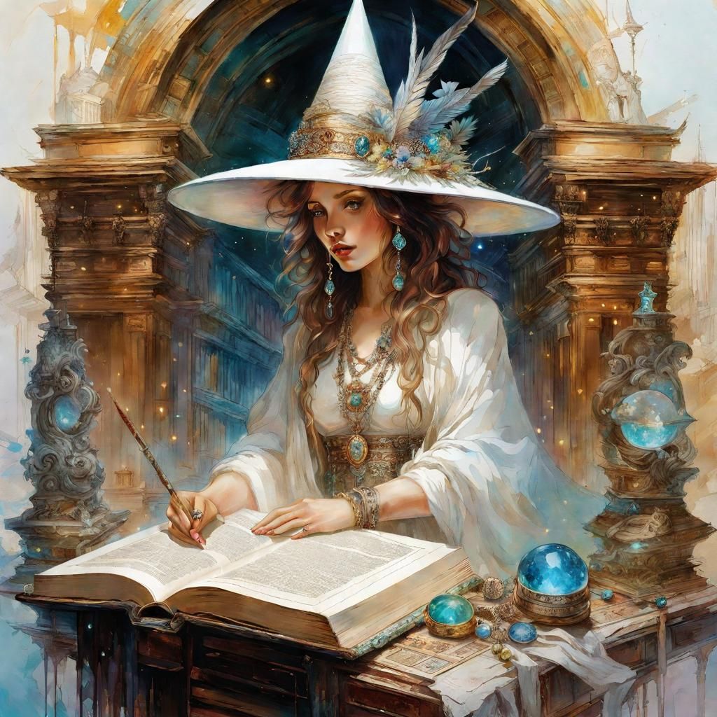 Roman Witch Scribe in Opulent Library