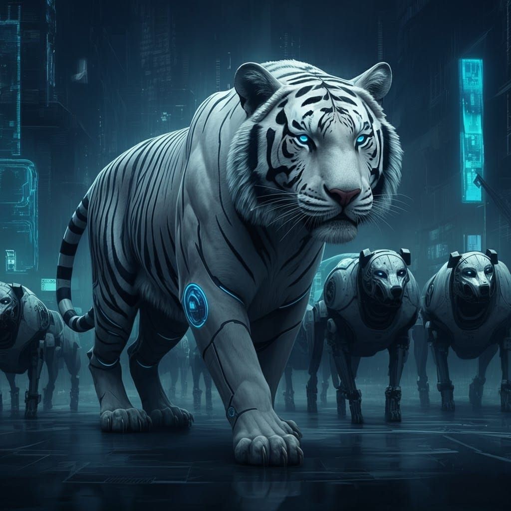 Cybernetic Tiger Statue in Dystopian Cityscape