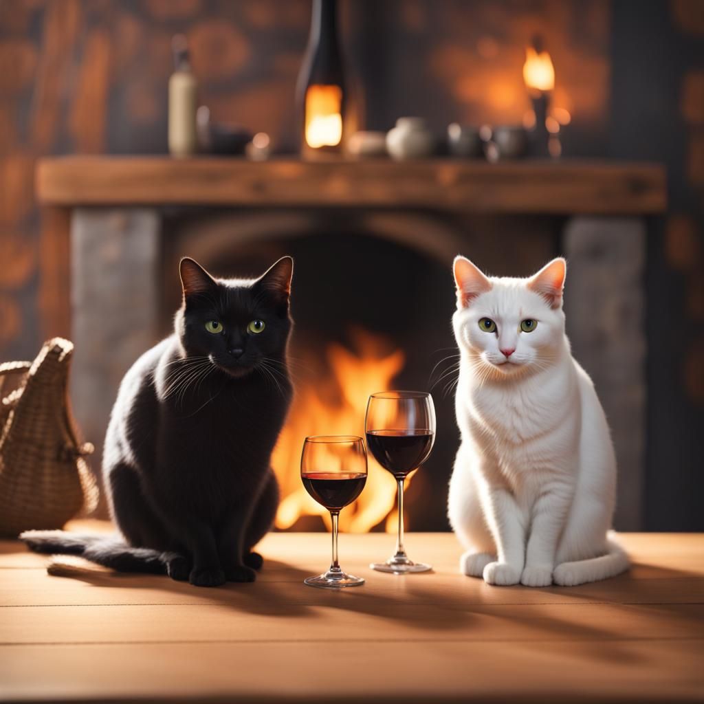 2 cats sharing a glass of wine