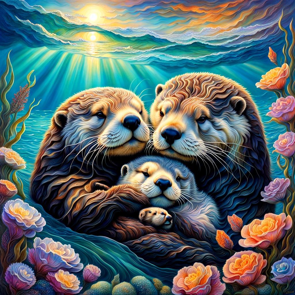Sea Otter Mother and Baby: Fantasy Art