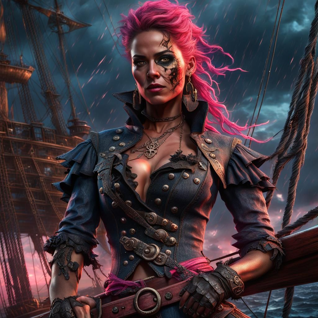 Intense Female Pirate in Pink Storm, Comic Book Art