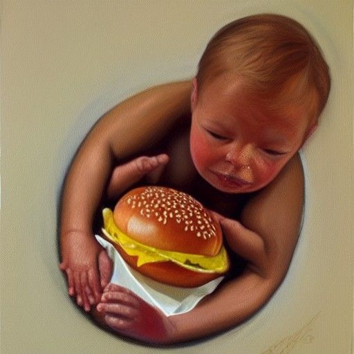 Fetus Holding Hamburger: Oil Painting