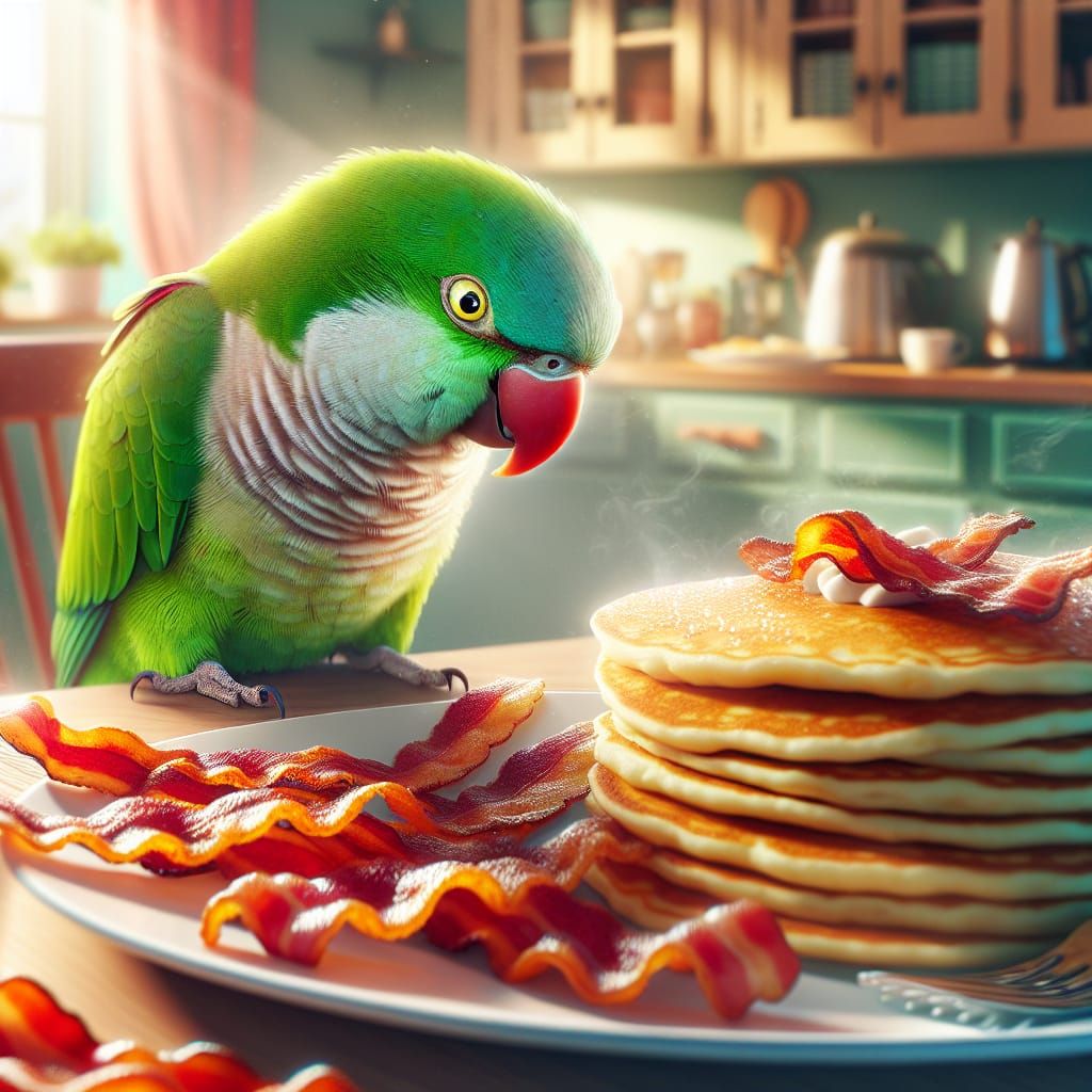 Green Monk Parakeet's Delight: Bacon and Pancakes