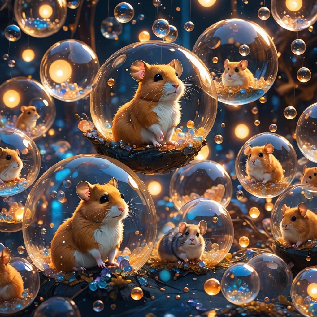 Hamsters in Bubbles: Dreamlike Fantasy Art