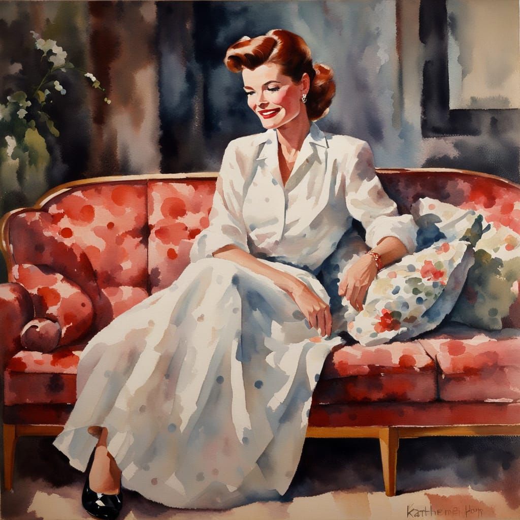 Sultry 1950s Housewife Unwinds in Impressionist Watercolor