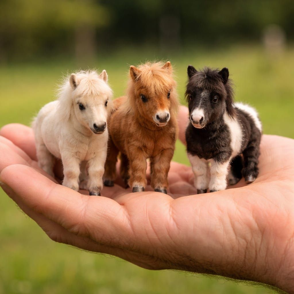 Three Miniature Horses Held Gently in a Giant Hand