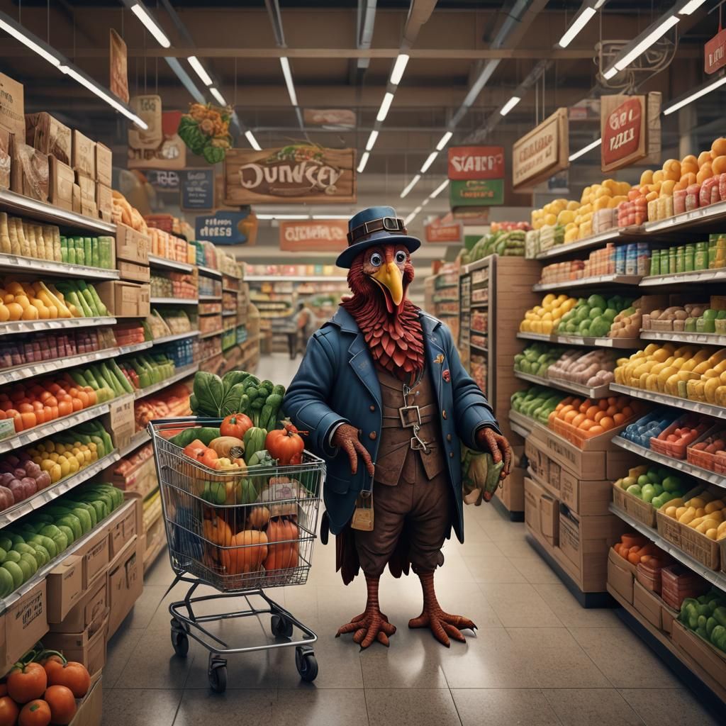 Anthropomorphic Turkey Shopping for Groceries
