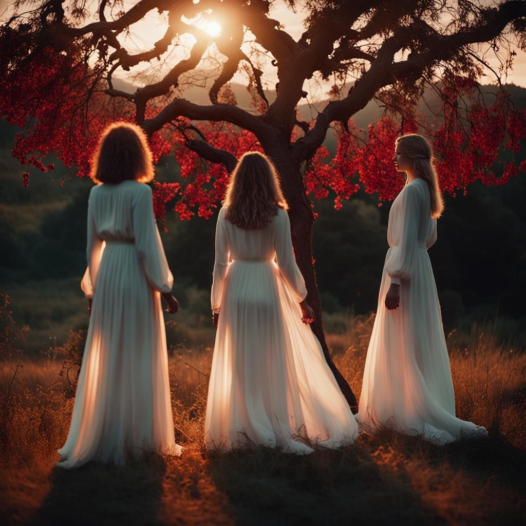 Women in White Dresses at Sunset: Cinematic Still