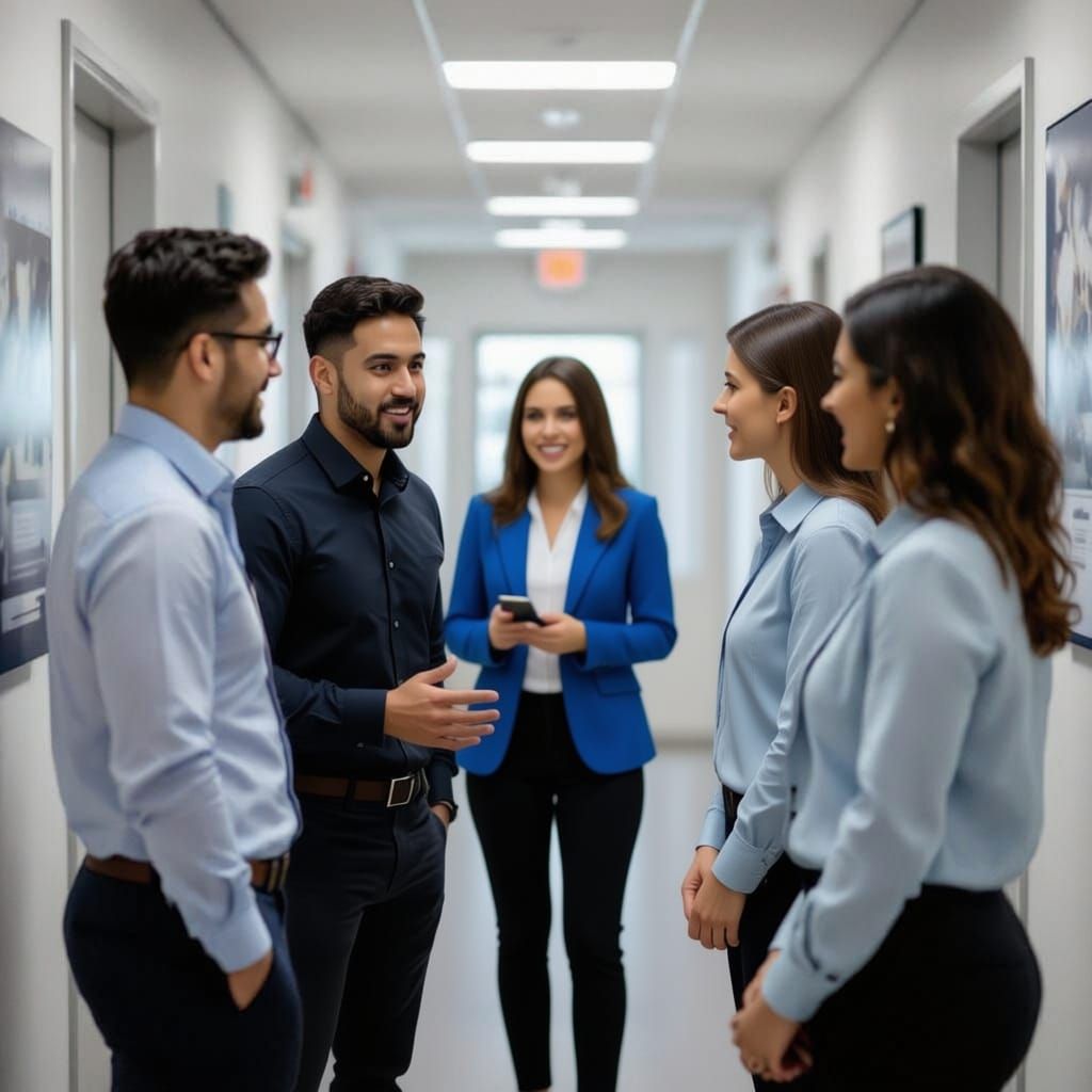 Office Hallway Meeting: Inclusive Business Discussion