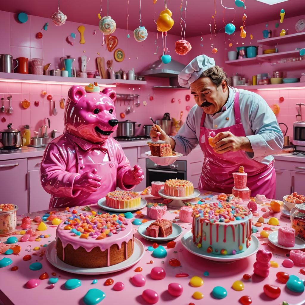 Gummy Bear Chief Baking Cake: Surreal Pop Art