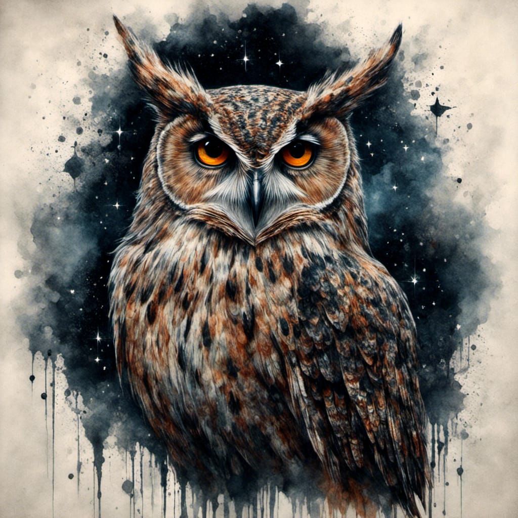 Detailed Owl in Haunted Forest Watercolor