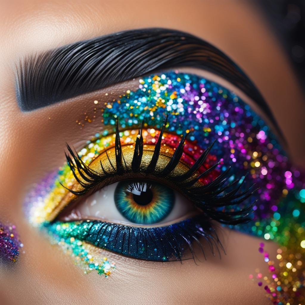 Rainbow Glitter Eye Makeup: Macro Photorealistic Detail