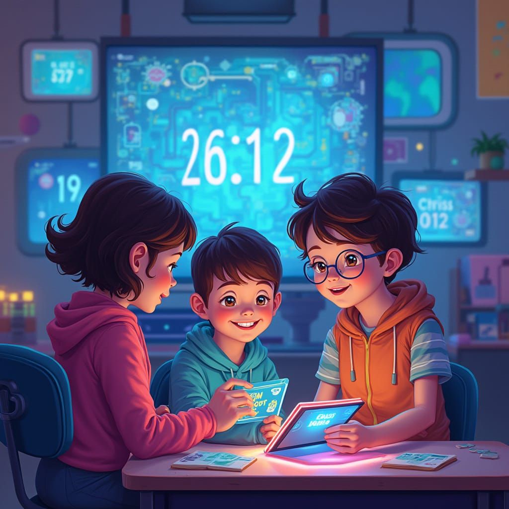 Kids Exploring AI-Powered Learning in a Futuristic Classroom