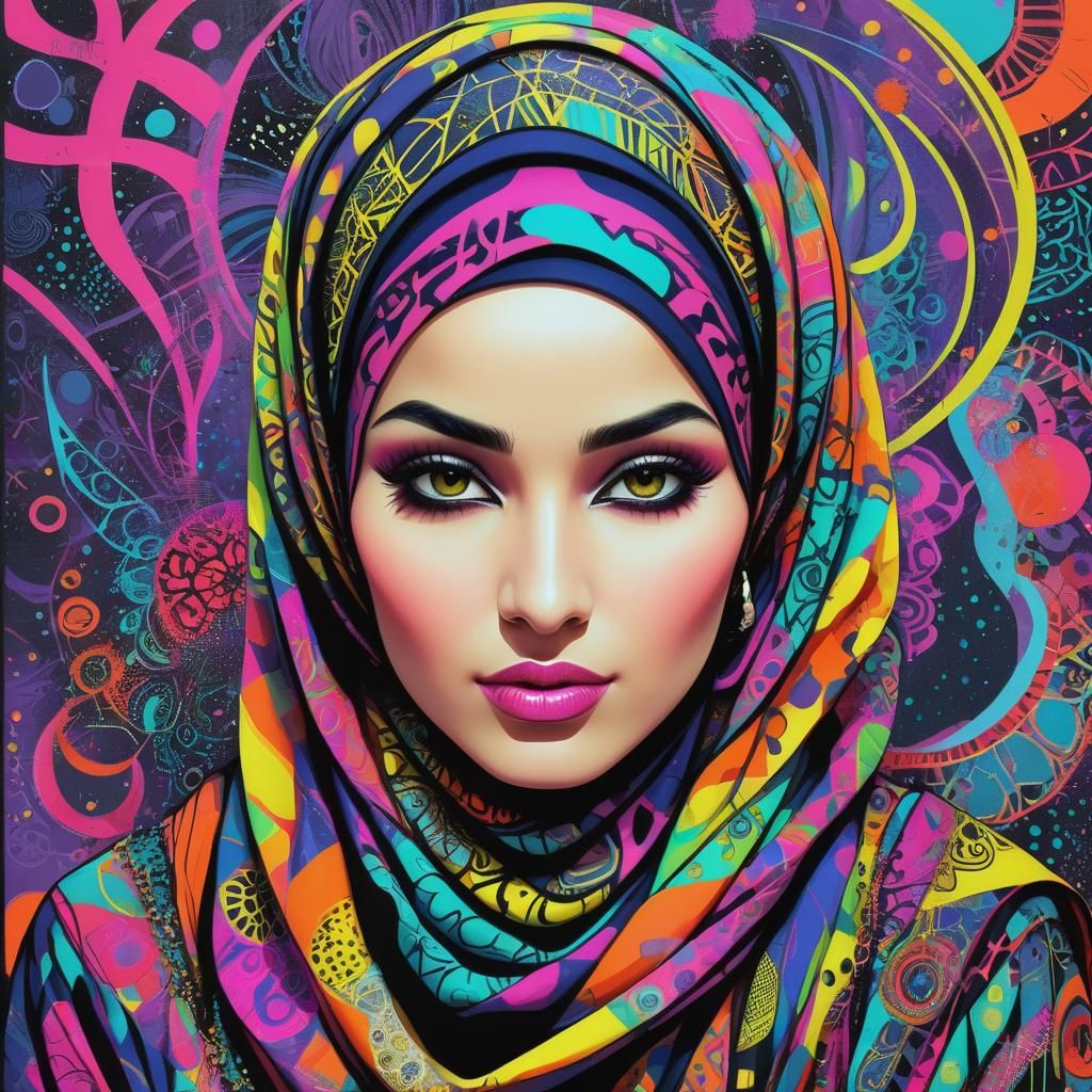 Punk Goth Hijabi Woman in Neon Psychedelic Art