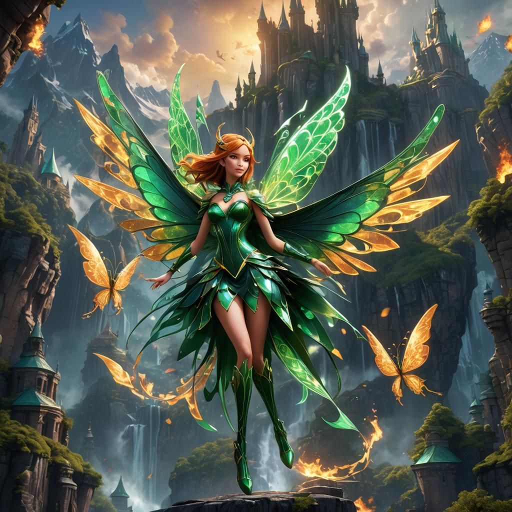 Emerald Fire Fairy Flying Between Mystical Mountains