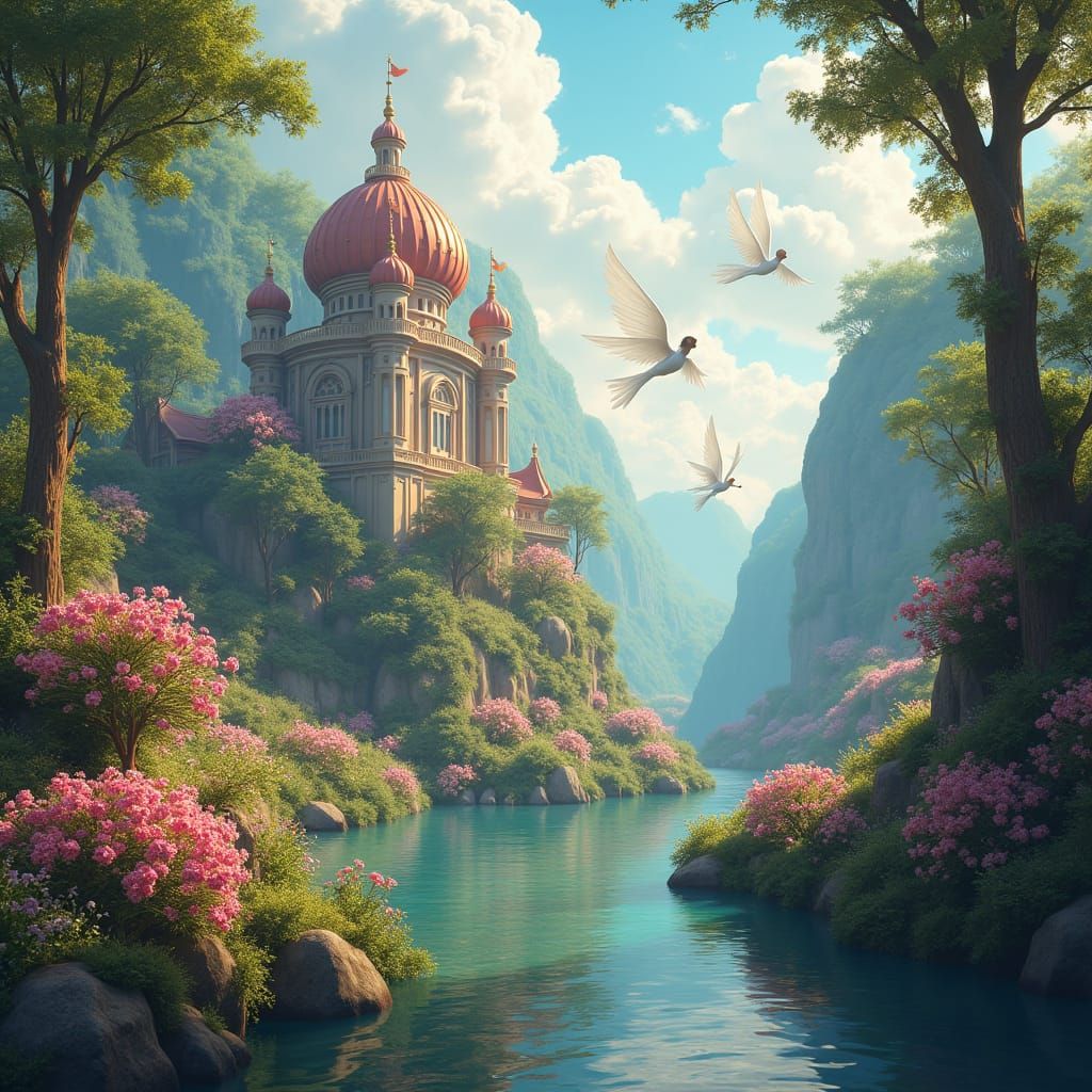 Ethereal Palace Garden with Angels and Gods