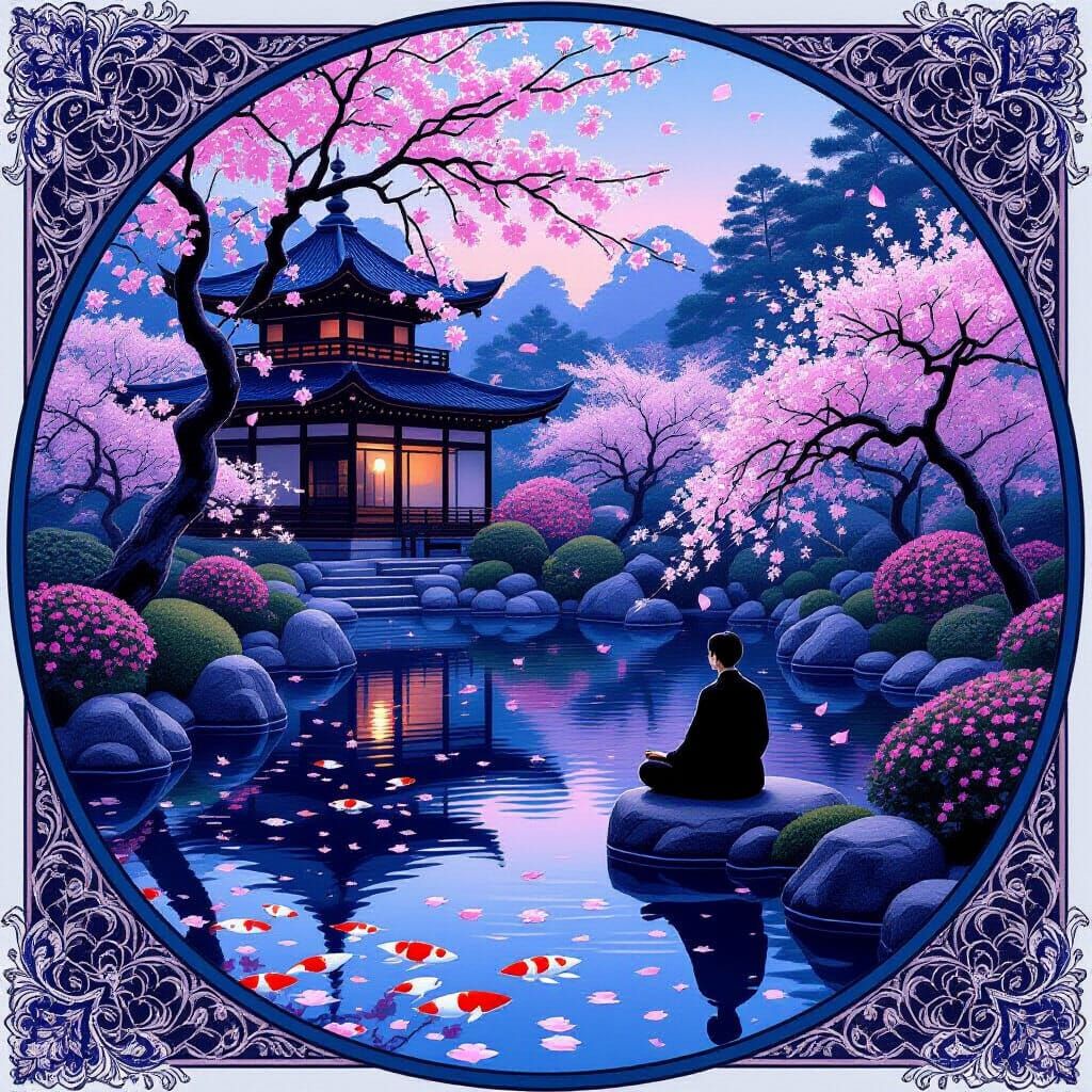 Tranquil Japanese Garden at Twilight in Art Nouveau Style