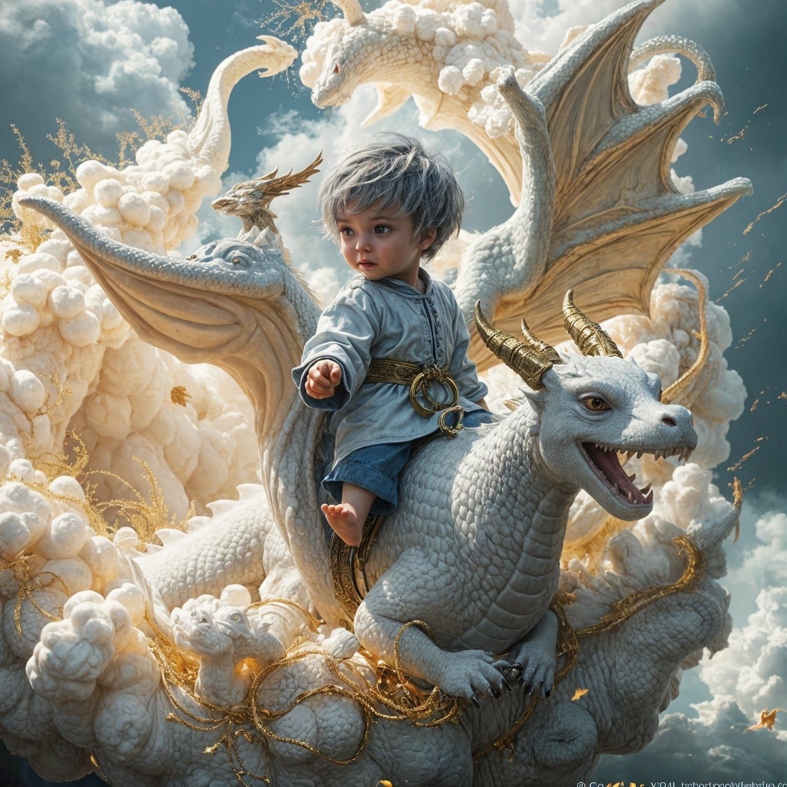 Toddler Rides Dragon of Clouds: Fantasy Art