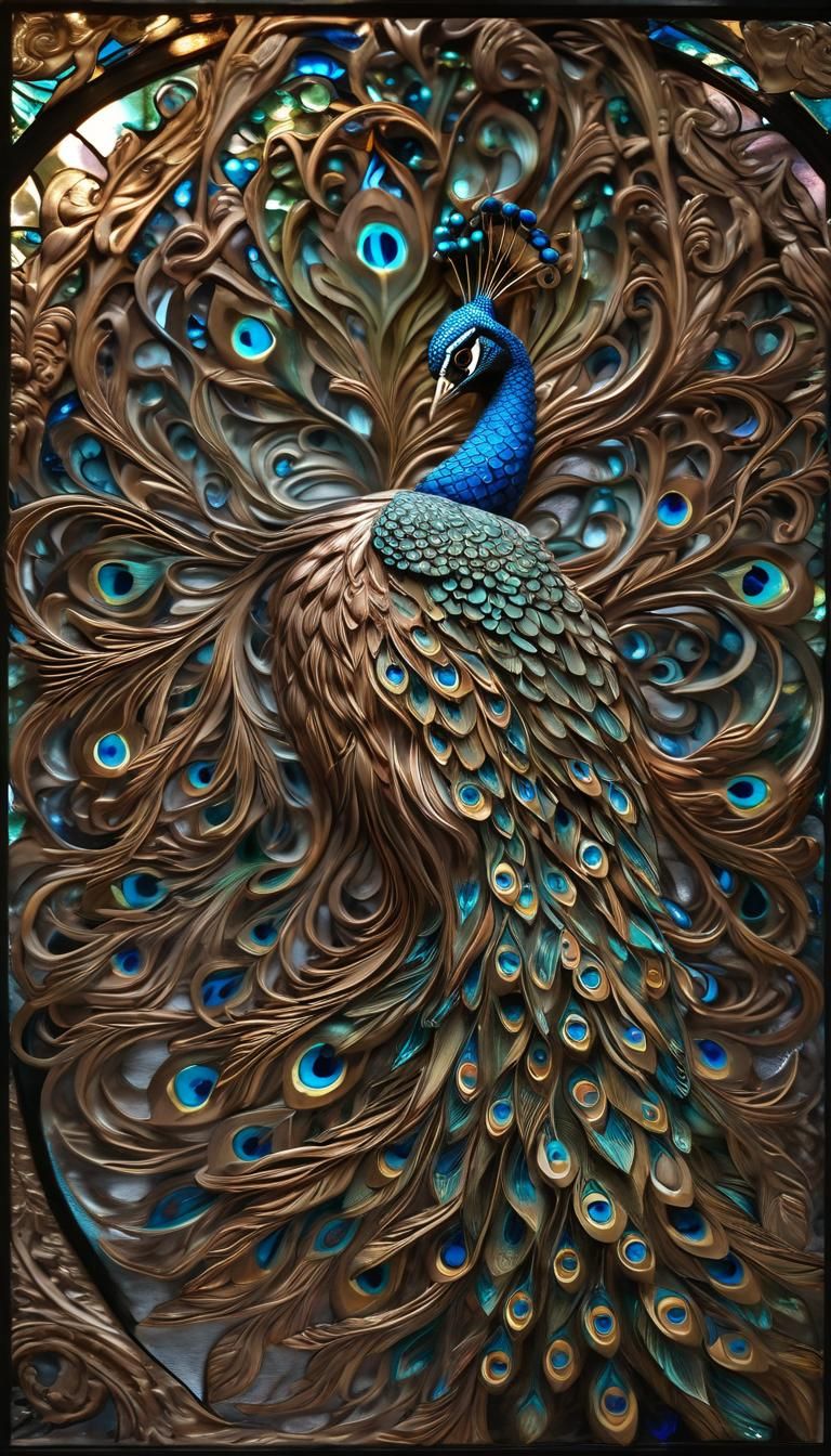 (Spectrolite Stained Glass Optical Illusion Intricately Carved Textured Transparent Translucent Sculpture depicting Beau...