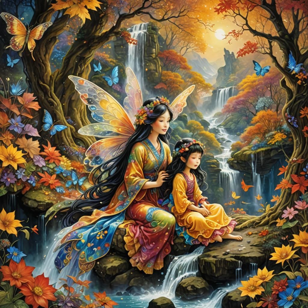 Autumn Fairies Mother and Daughter in Fantasy Landscape