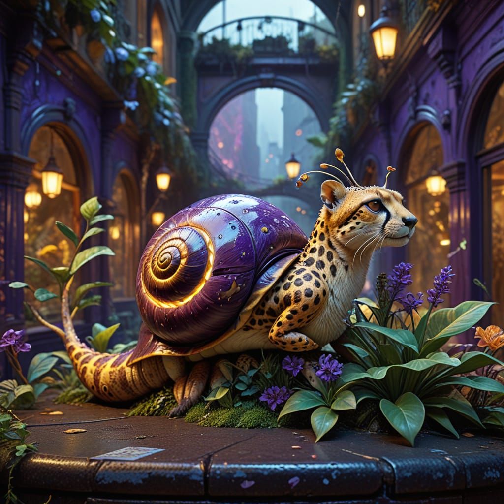 Hyper-Realistic Cheetah-Snail in Vibrant Art Nouveau Landsca...