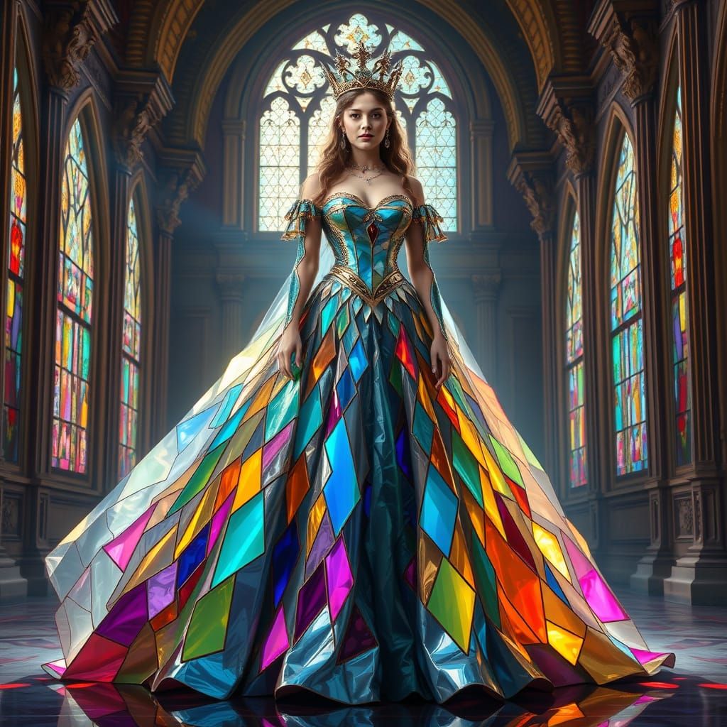 Regal Queen in Shimmering Glass Gown, Medieval Hall