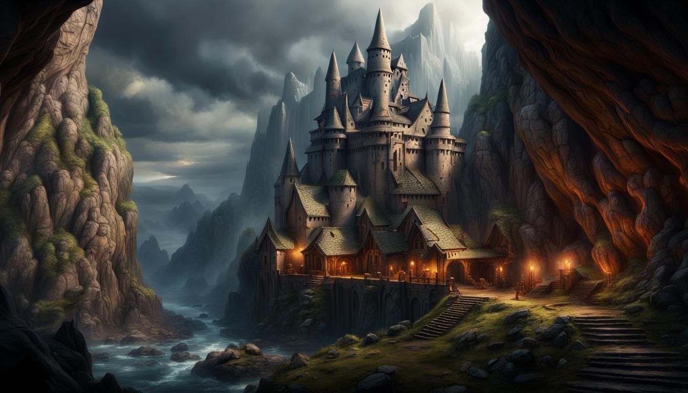 Epic Dwarven Fortress in Cave: Digital Matte Painting