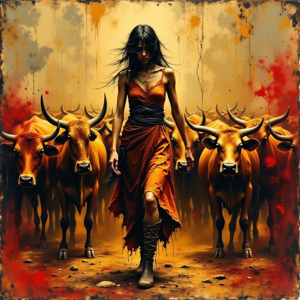 Golden Herd: A Grunge-Style Oxen Journey