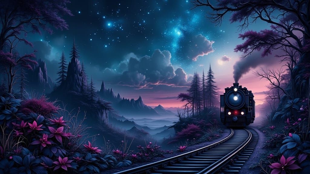 Mysterious Night Train Under Starry Sky in Gothic Style