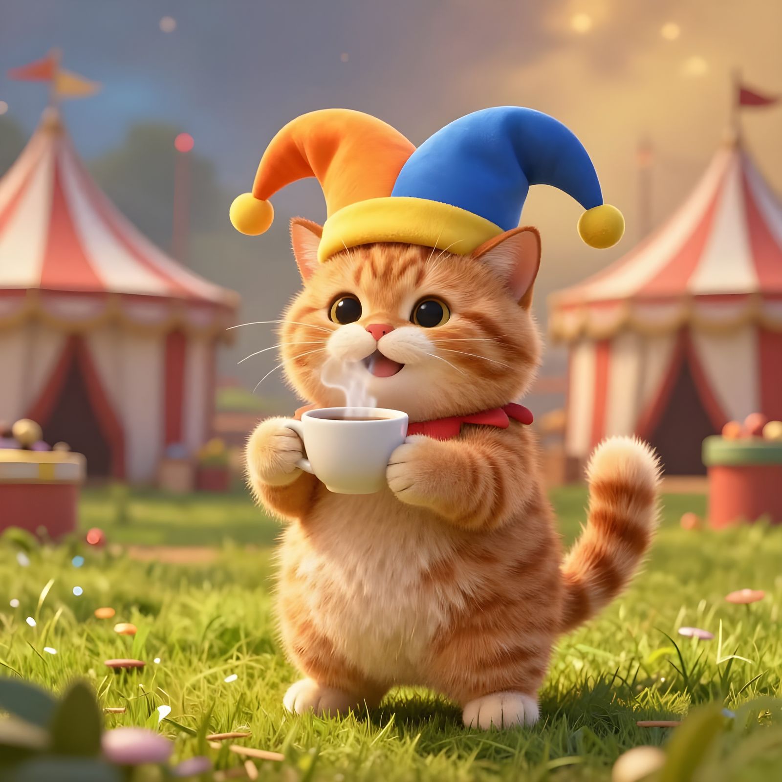 Ginger Cat Jester Holds Coffee at Circus