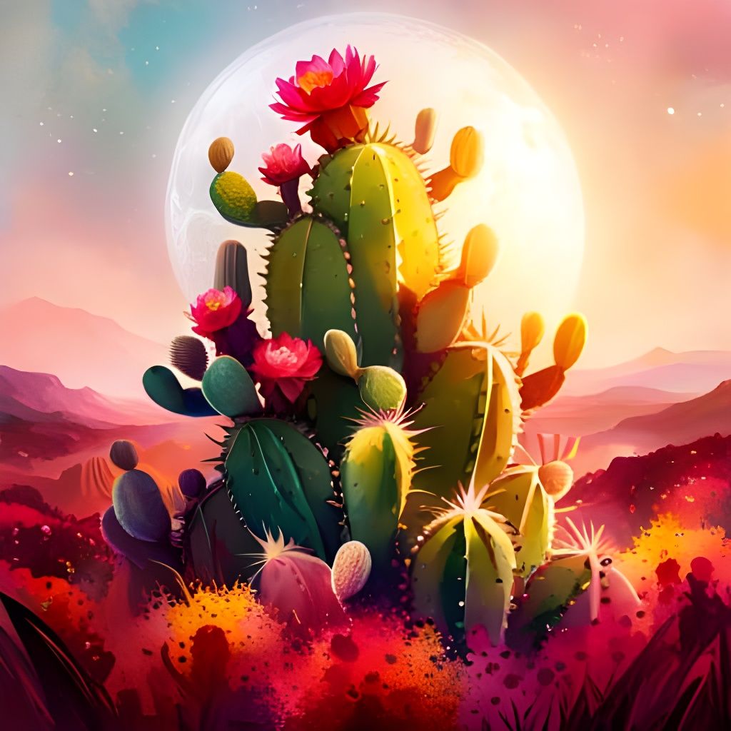 Blooming Cactus in Meadow: Digital Splash Art