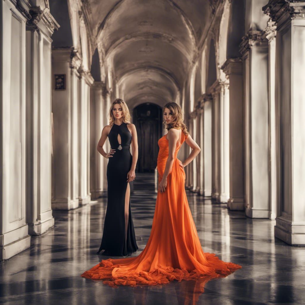 woman in a bright orange evening gown, and women in black dr...