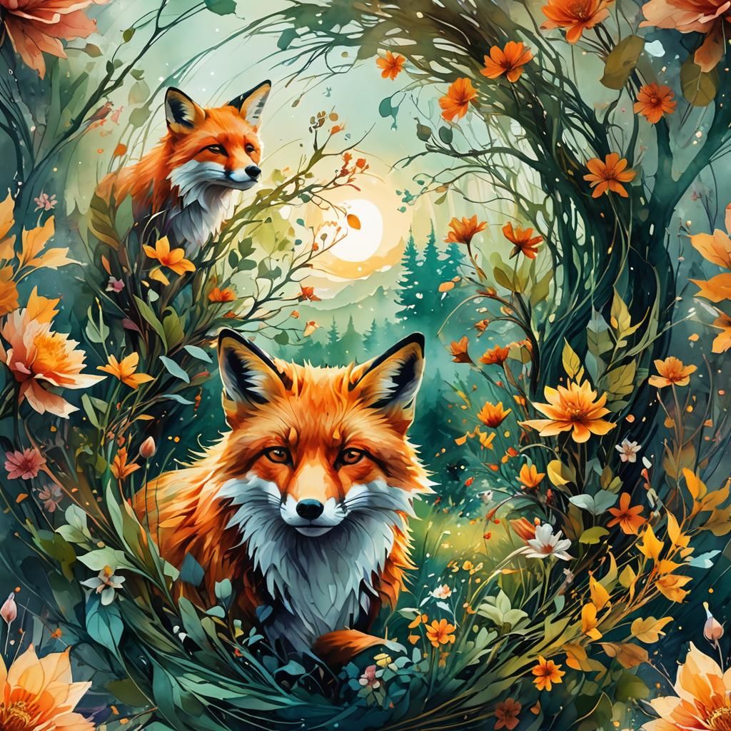 Fox in Summerscape Sunrise: Digital Watercolor Illustration