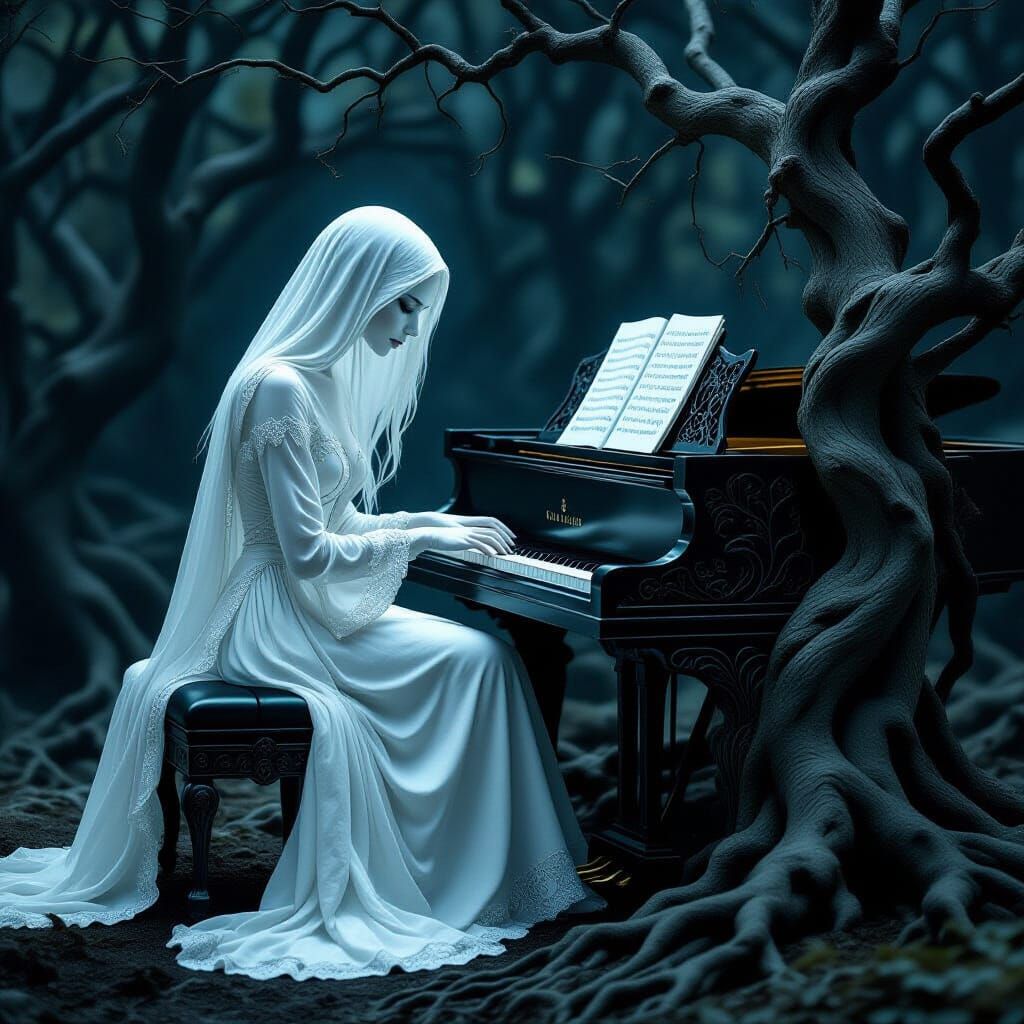 Ghostly Woman Plays Piano in Dark Forest