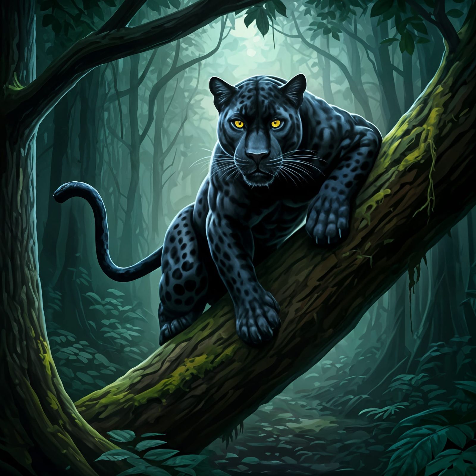 Black Panther in Forest, Oil Painting